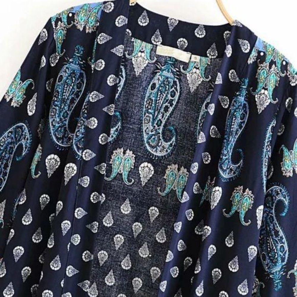 Luxe Boho Printed Gypsy Kimono Navy Blue Cardigan - Picture 7 of 10